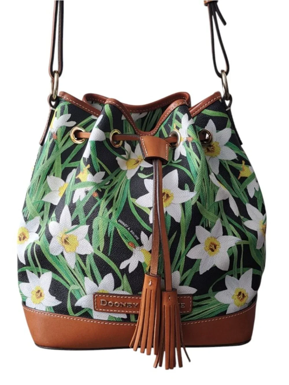 Dooney & Bourke Daffodil Tassel Drawstring Bucket Bag Purse Floral Leather Trim